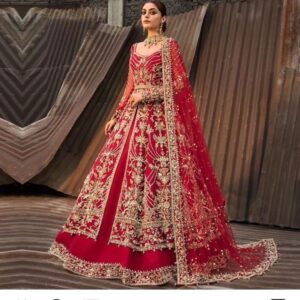 red bridal long anarkali with lehenga
