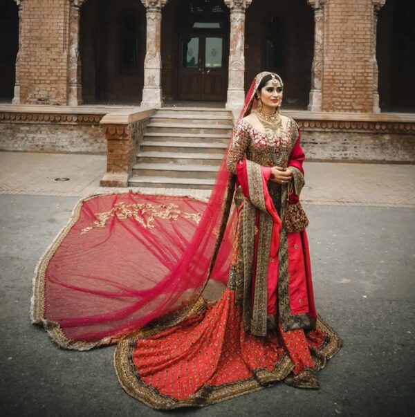Pakistani wedding long trail lehenga with kurti