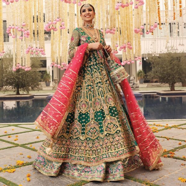 green designer gown with skirt