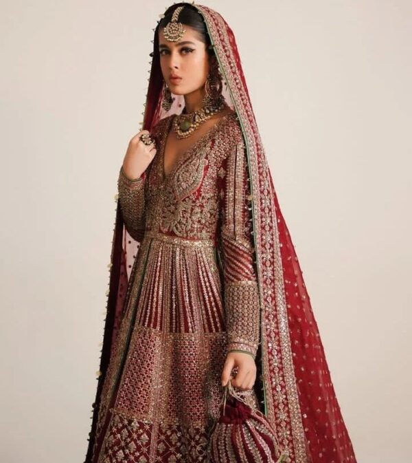 red bridal split jacket with lehenga