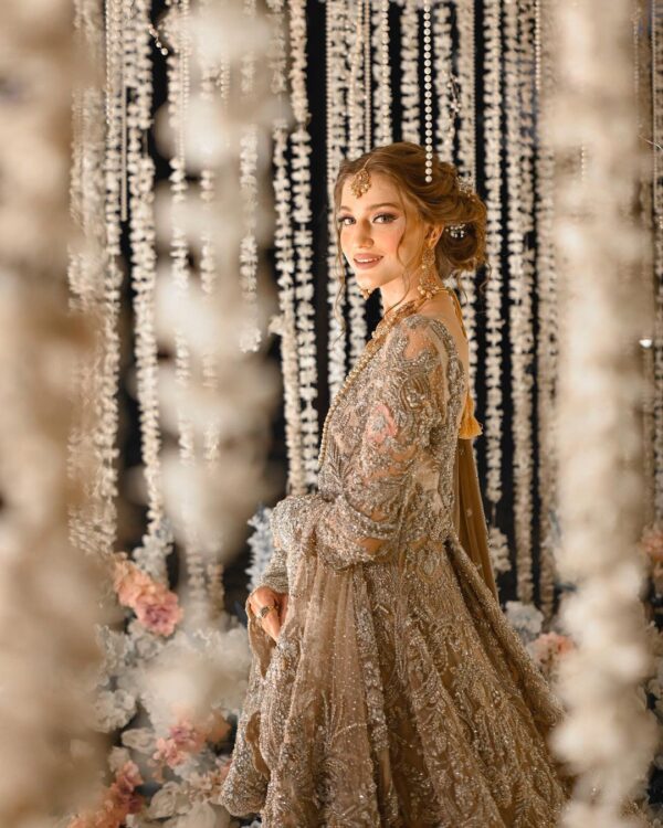 designer long trail gown with handwork