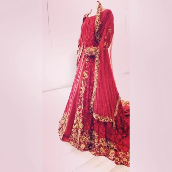 red designer long trail anarkali with lehenga
