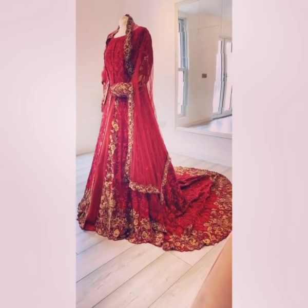 red bridal long trail anarkali with lehenga