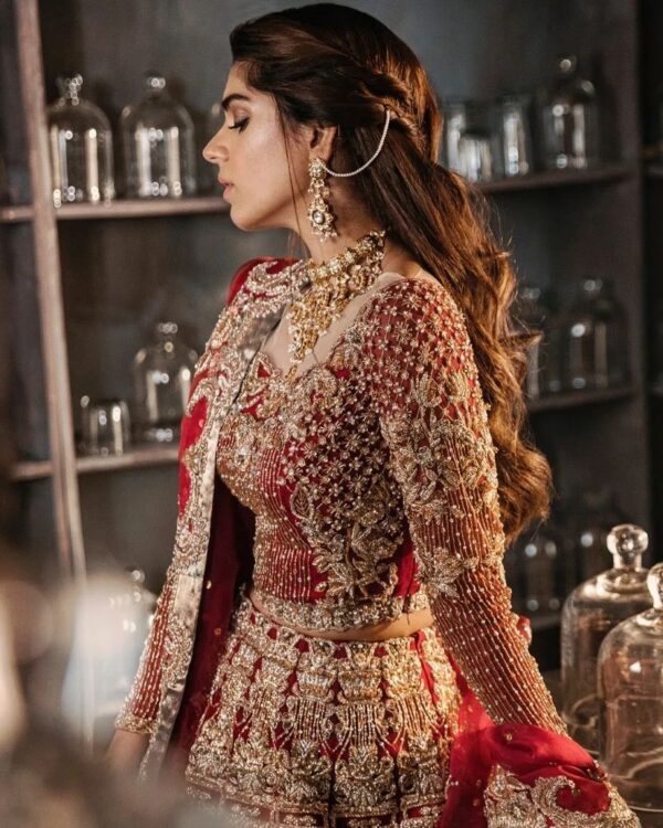 red bridal lehenga choli with handwork