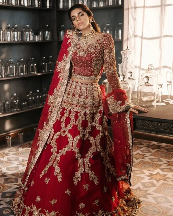 Red bridal lehenga choli with embroidery