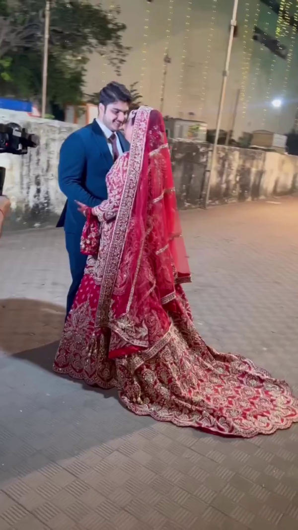 wedding red bridal long trail lehenga with embroidery