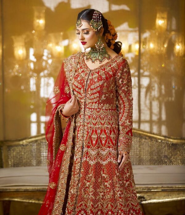 red bridal long anarkali with lehenga