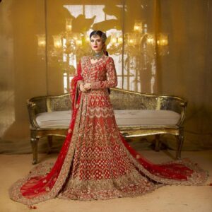 Red bridal long trail lehenga with split anarkali