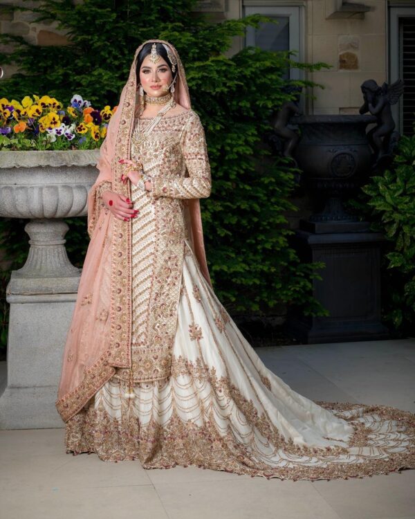 Pakistani waleema long trail lehenga with kurti