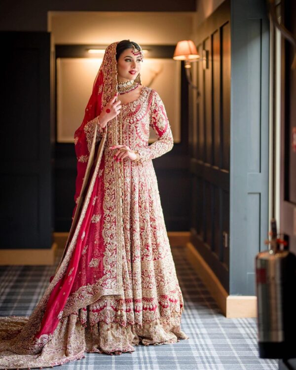 Pakistani red bridal long trail lehenga with anarkali