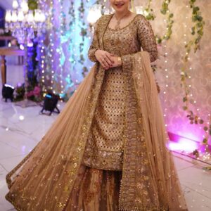 golden designer long kurti with lehenga