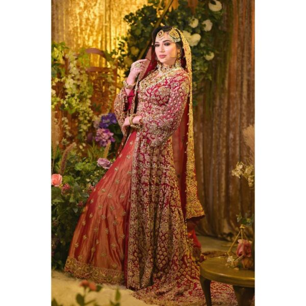 red bridal long rail lehenga with anarkali