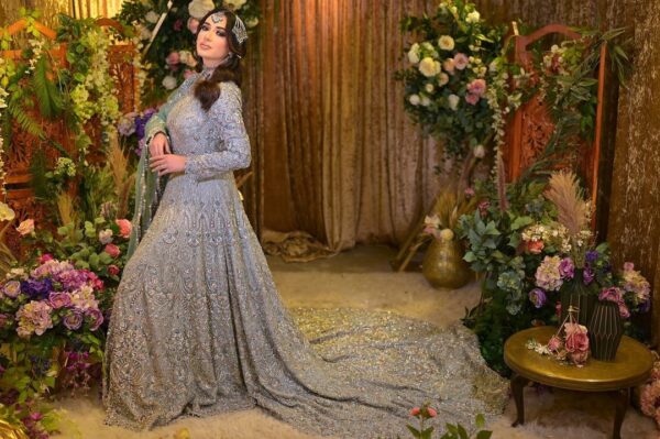 long bridal long trail gown with embroidery