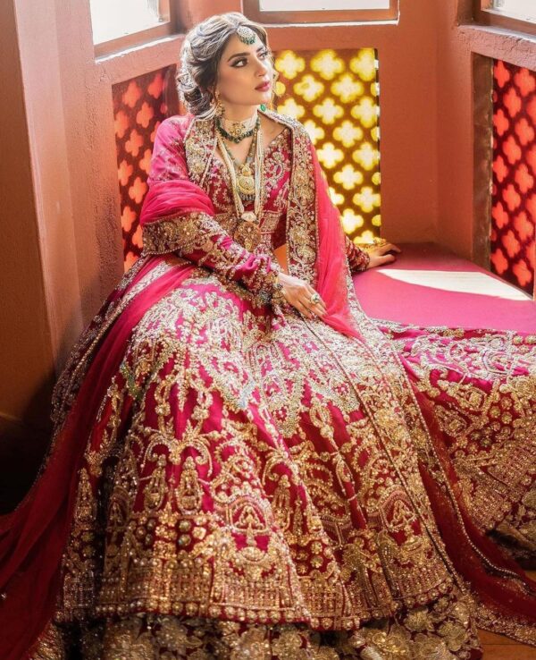 red bridal long anarkali with lehenga