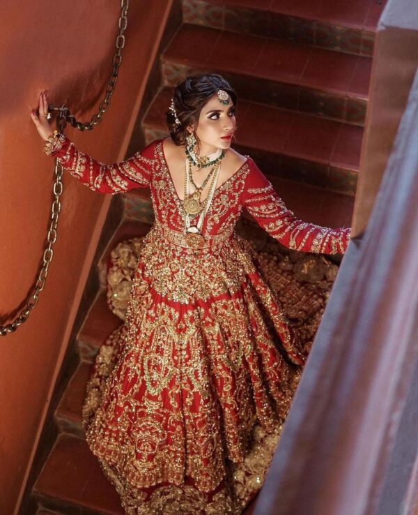 red bridal long anarkali with lehenga