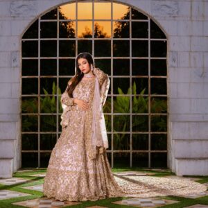 Wedding long trail gown with handwork