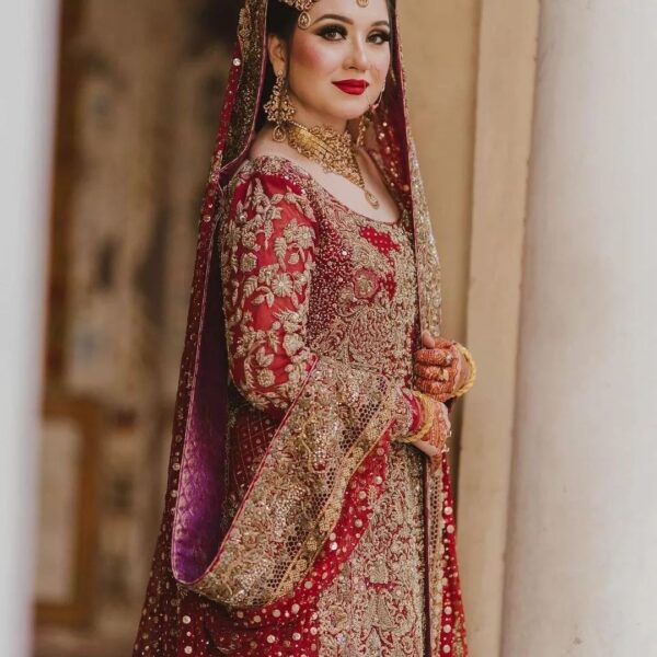 long trail wedding lehenga with split anarkali
