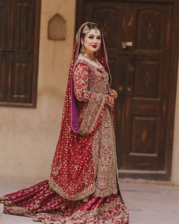 wedding long trail lehenga with golden embroidered split anarkali