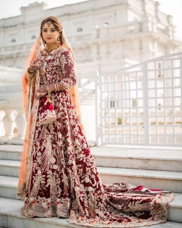 Maroon wedding long trail gown