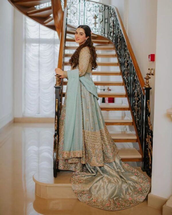 wedding long trail anarkali with lehenga