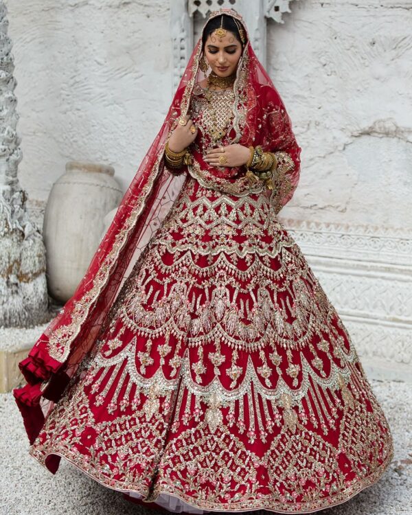 designer red anarkali with lehenga