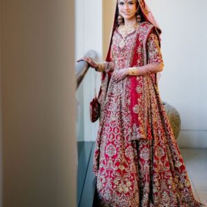 Pakistani red bridal gown with embroidery
