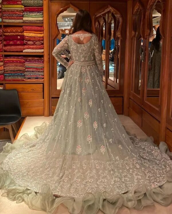 designer long trail gown with handwork