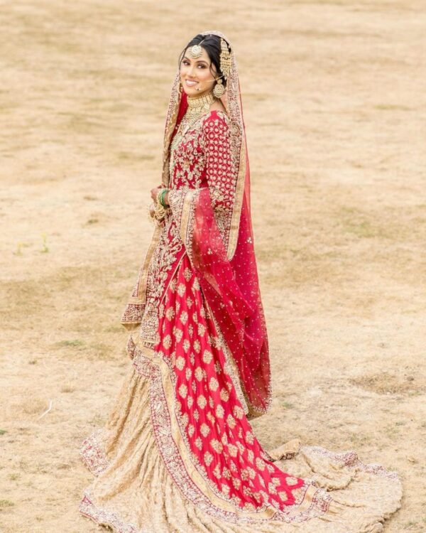 wedding long trail lehenga with red kurti