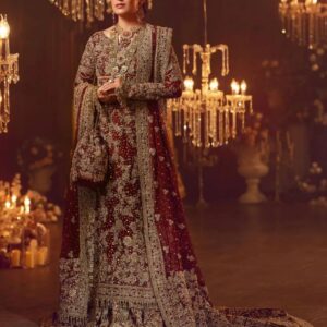 Maroon wedding long trail lehenga with kurti