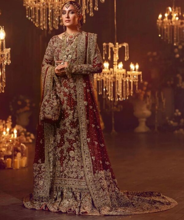 Maroon wedding long trail lehenga with kurti