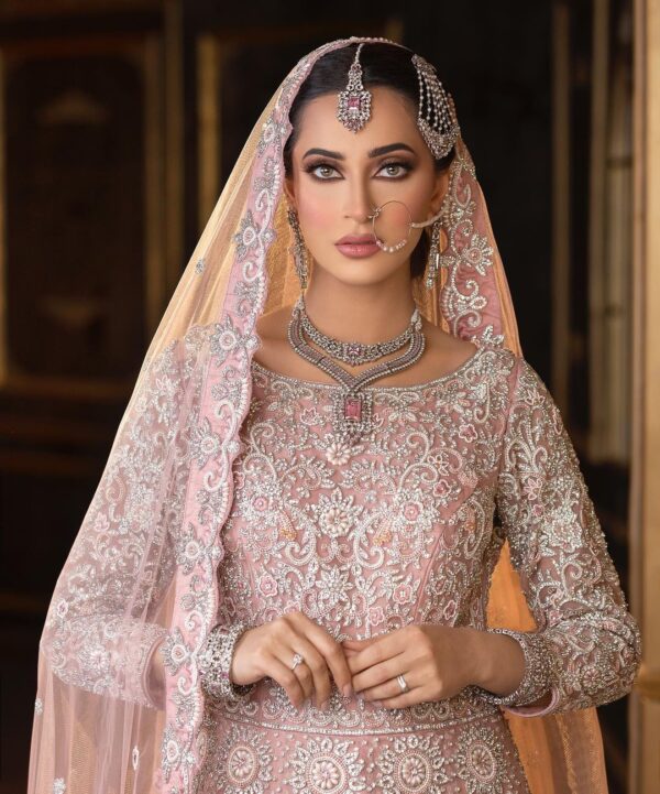 designer waleema long trail gown with handwork