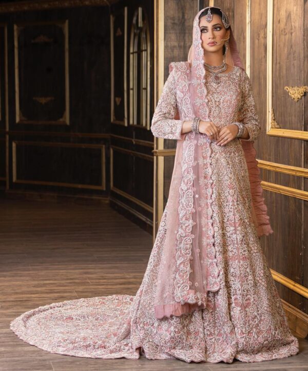 wedding waleema long trail gown with handwork