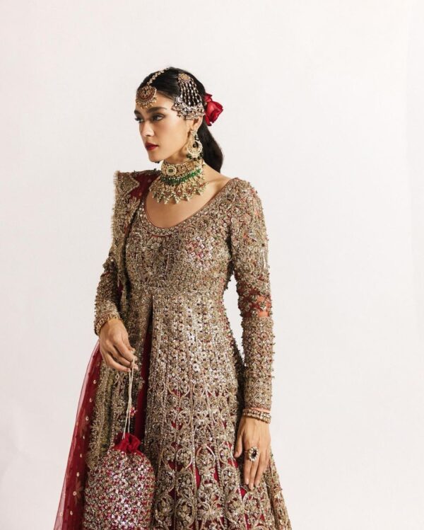 Red bridal long split anarkali with lehenga