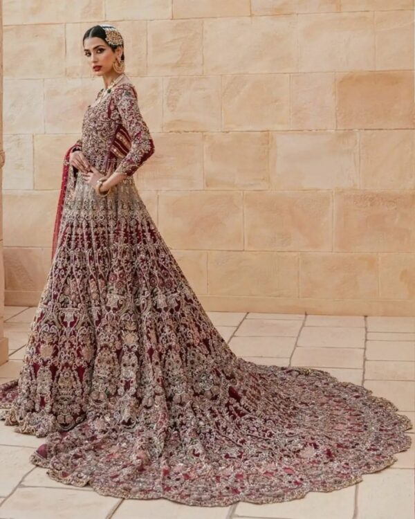designer red bridal long trail gown with embroidery