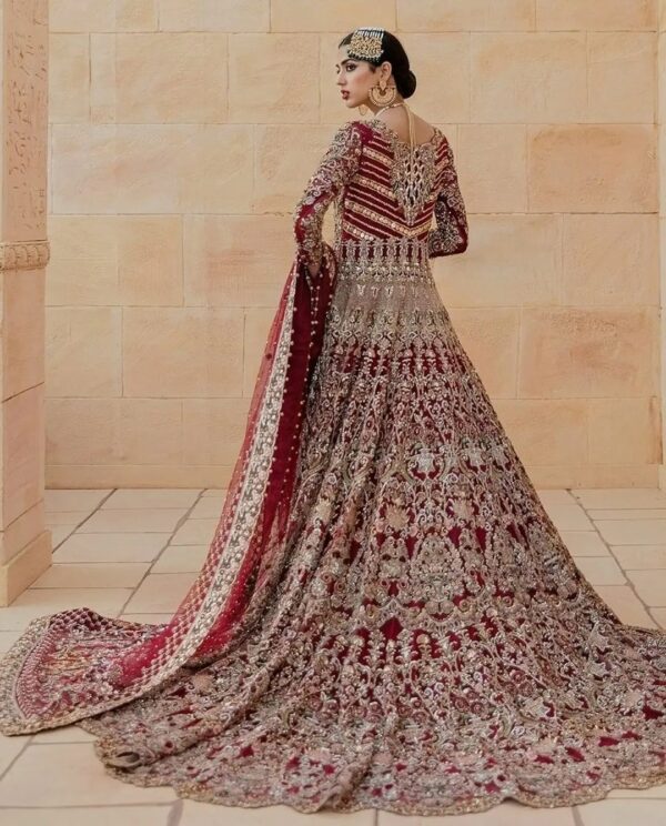 designer bridal long trail gown with handwork