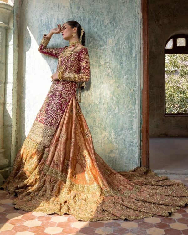 designer bridal long trail lehenga