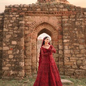 Red bridal long trail split jacket with lehenga