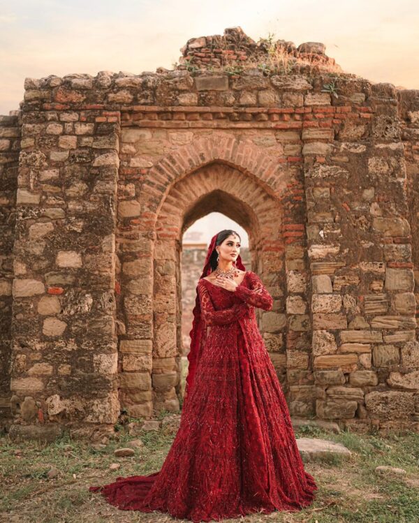 Red bridal long trail split jacket with lehenga