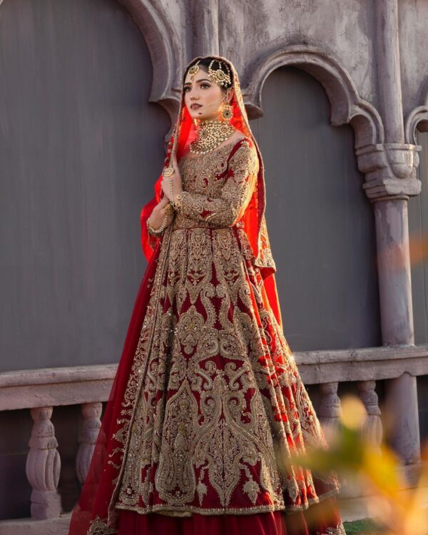 designer red bridal long anarkali with lehenga