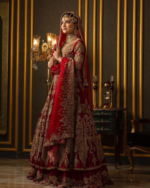 Pakistani red bridal long anarkali with lehenga