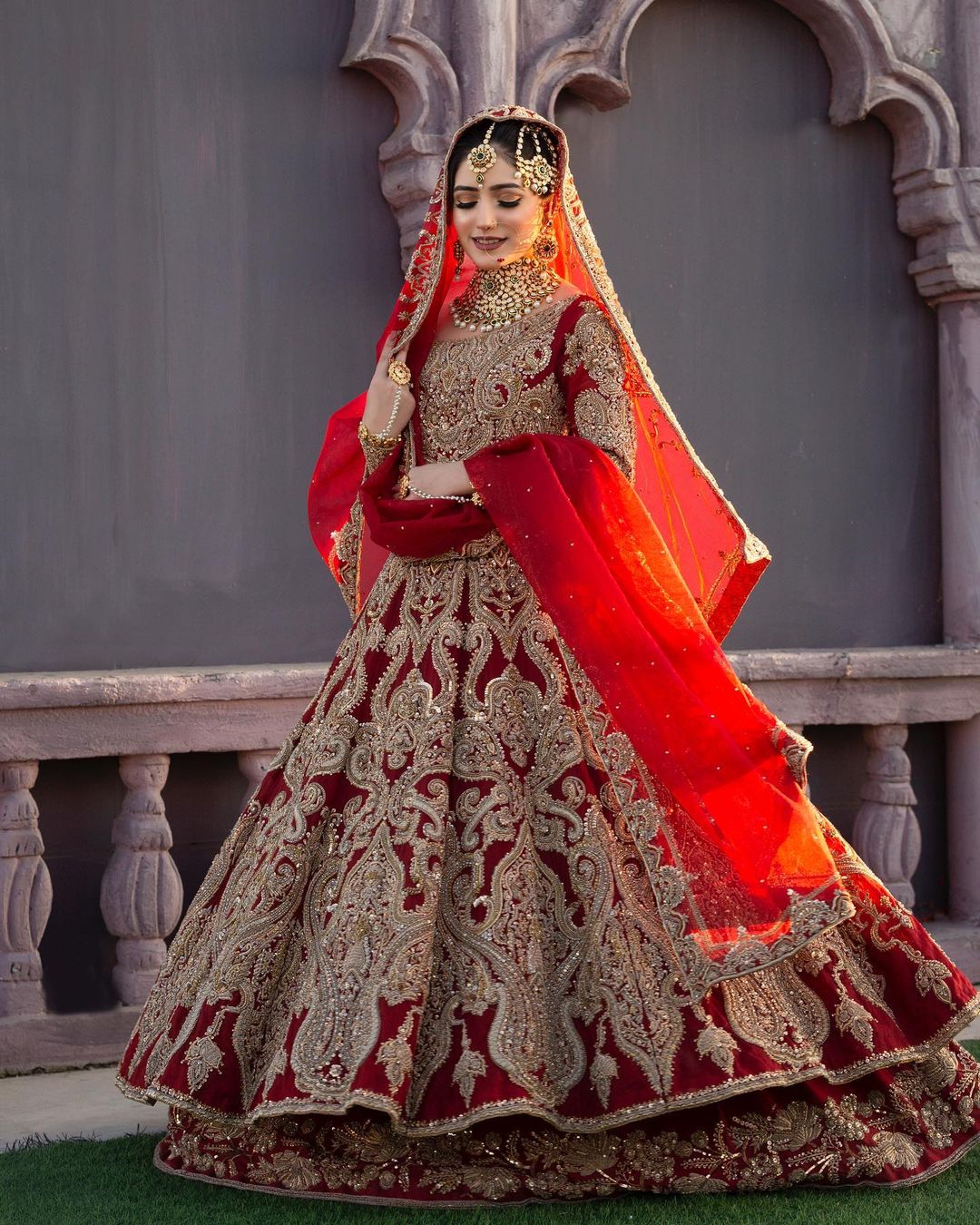 Red Traditional Pakistani Bridal Long Anarkali with Lehenga and ...