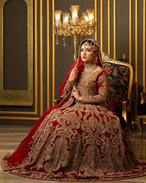 red bridal long anarkali with lehenga