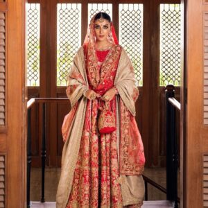 Red bridal long anarkali with lehenga