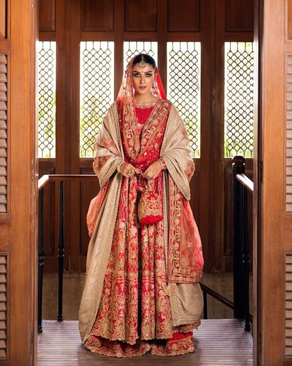 Red bridal long anarkali with lehenga