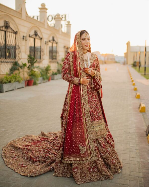 Pakistani wedding long trail lehenga with handwork