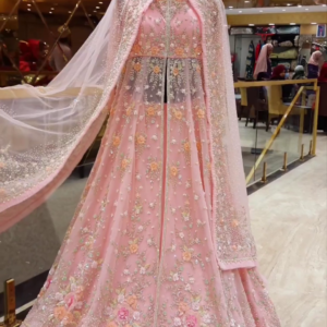 Pink split jacket with lehenga