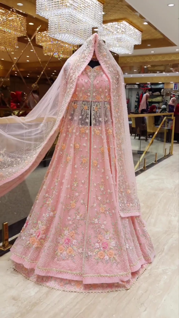 Pink split jacket with lehenga