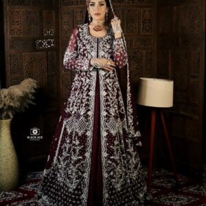 maroon designer wedding split anarkali with lehenga