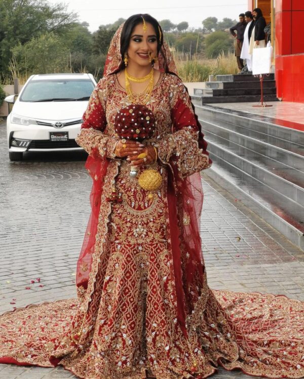 Designer red long trial gown with embroidery