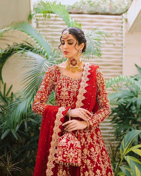 red bridal split anarkali with lehnga
